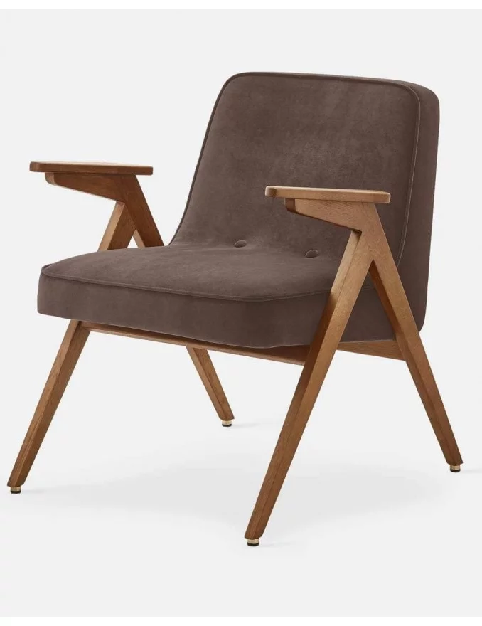 Retro design armchair in wood and taupe velvet BUNNY - 366Concept