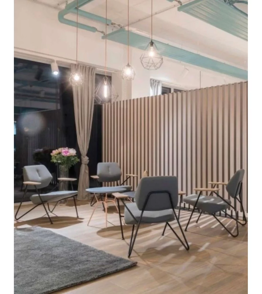 Contemporary design armchair POLYGON - PROSTORIA gray fabric, black base, wooden armrests