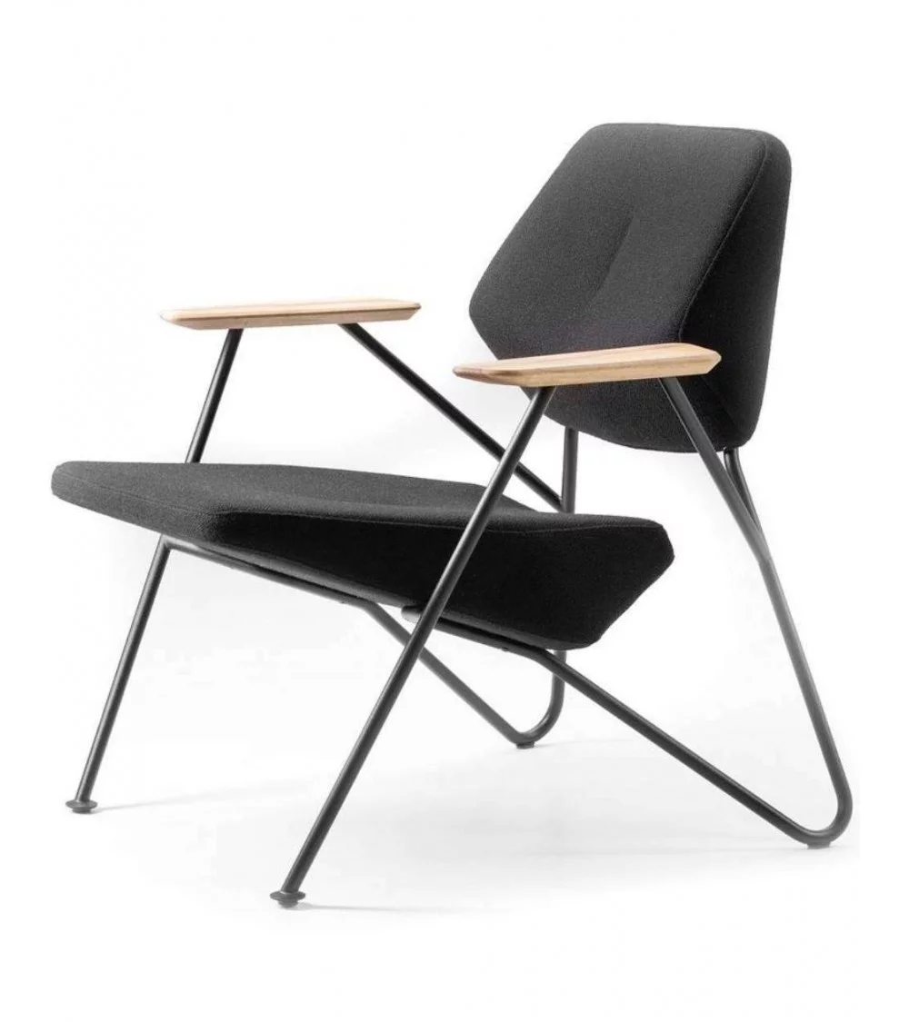 Contemporary design armchair POLYGON - PROSTORIA black fabric, black base, wooden armrests